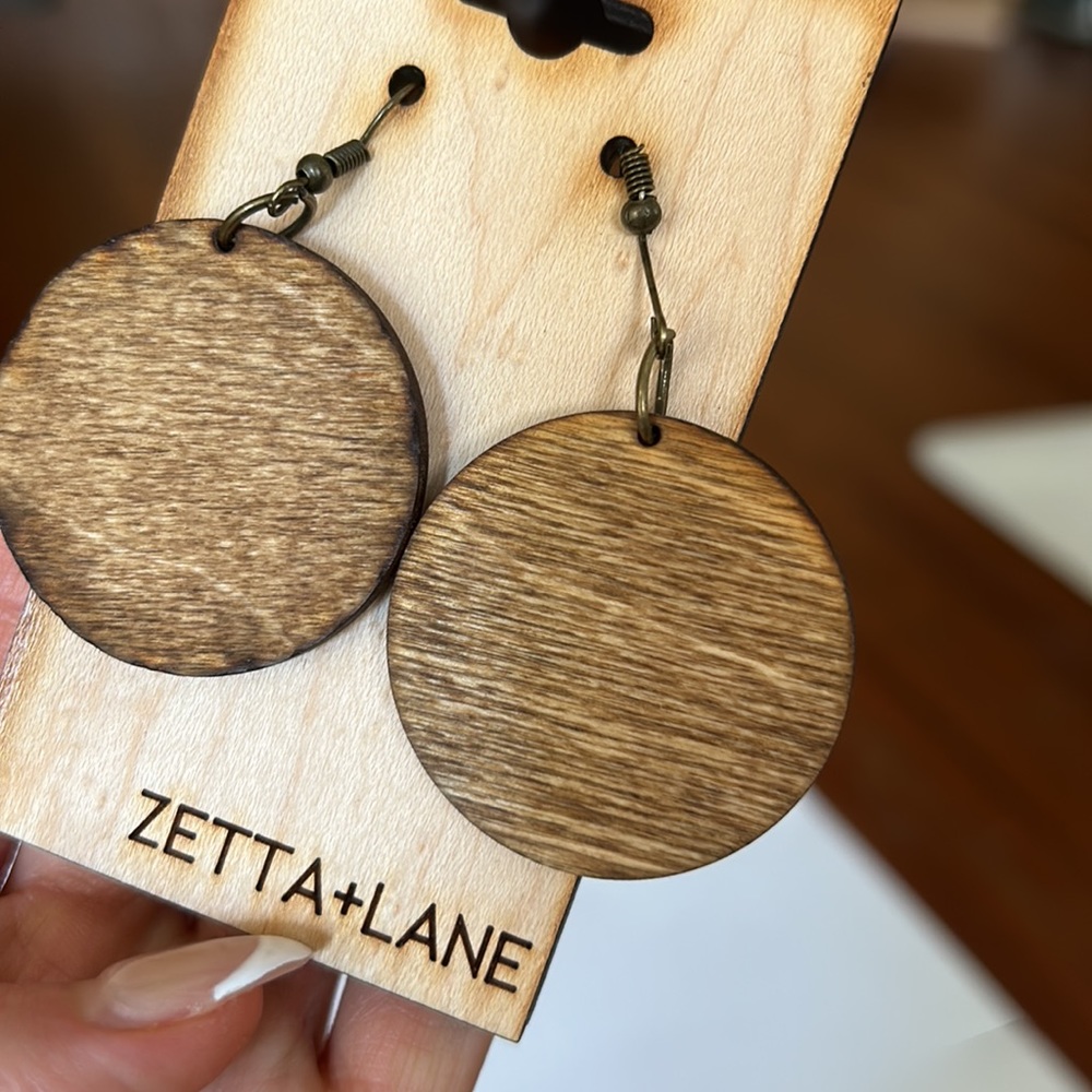 Zeta + Lane Circle earrings, wooden, never-before worn